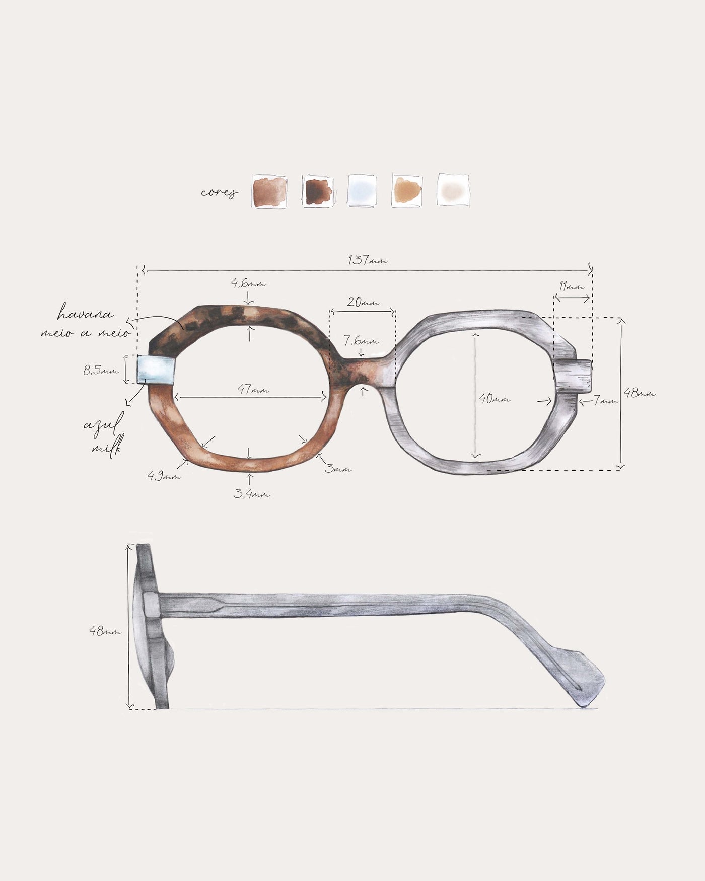 DINDI Modelo 1023, ilustração técnica com cartela de cores e vistas do óculos em acetato de celulose italiano